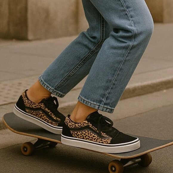 Vans Black and Leopard Print Athletic Shoes - Picture 1 of 8